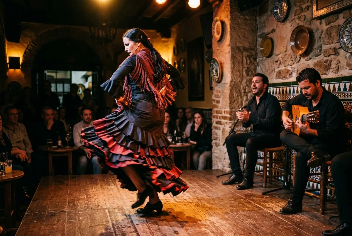 Flamenco dancer mid-performance under warm stage lighting in a small Seville tablao, guitarist and singer visible in the background, intimate setting