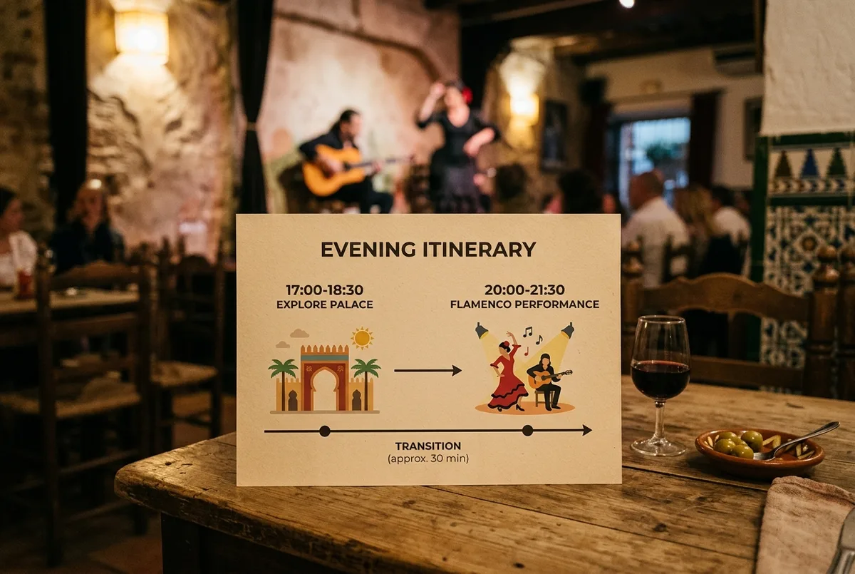 Simple evening itinerary graphic showing an Alcazar day transitioning into a flamenco tablao in Triana, flat icon style, generic labels only