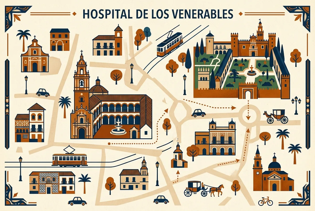 illustrated map of Seville highlights for Hospital de los Venerables: A Baroque Landmark Near the Alcazar, hospital de los venerables