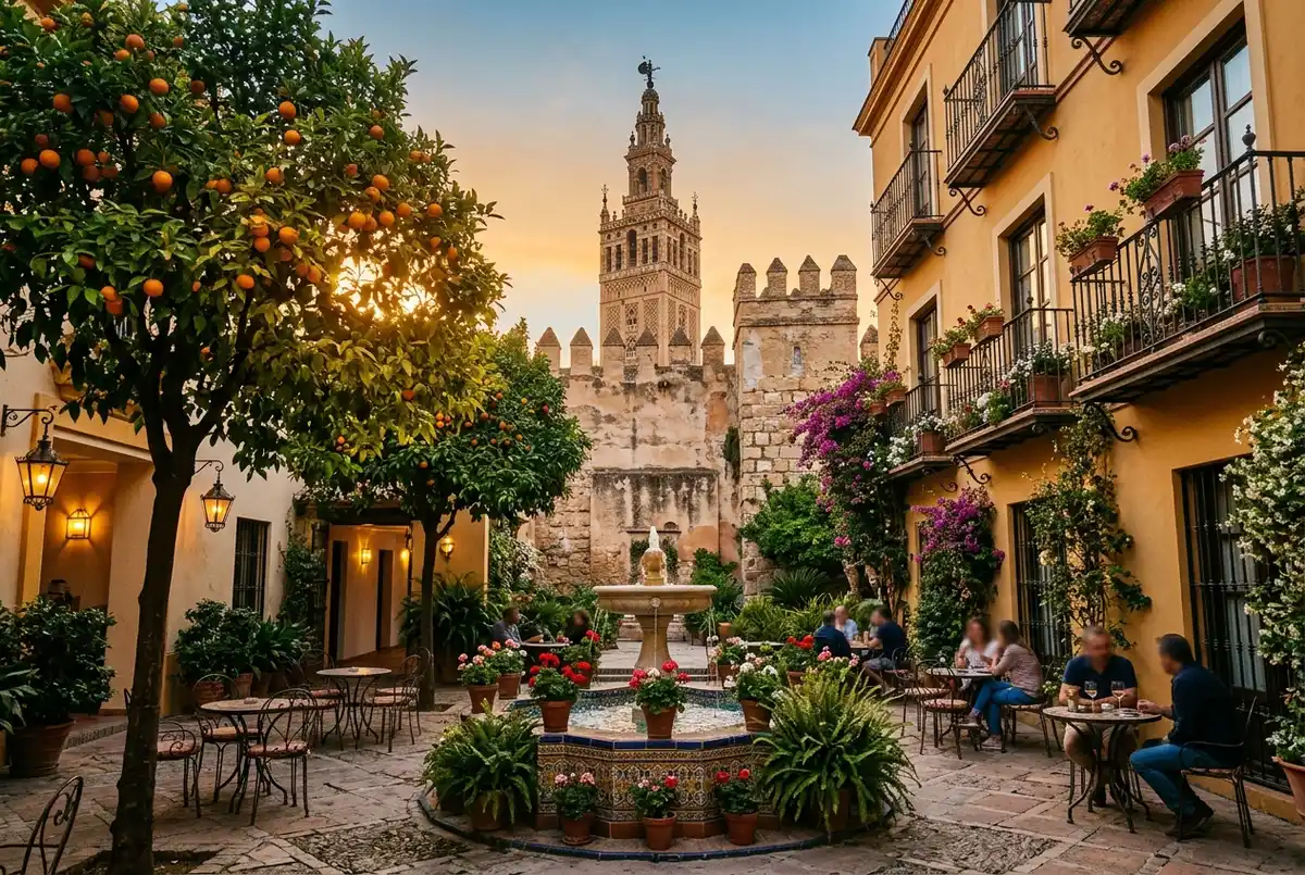 Fachada de um hotel boutique com varanda de ferro forjado numa rua estreita e florida do bairro de Santa Cruz em Sevilha, poucos passos do Real Alcázar de Sevilha, fim de tarde dourado