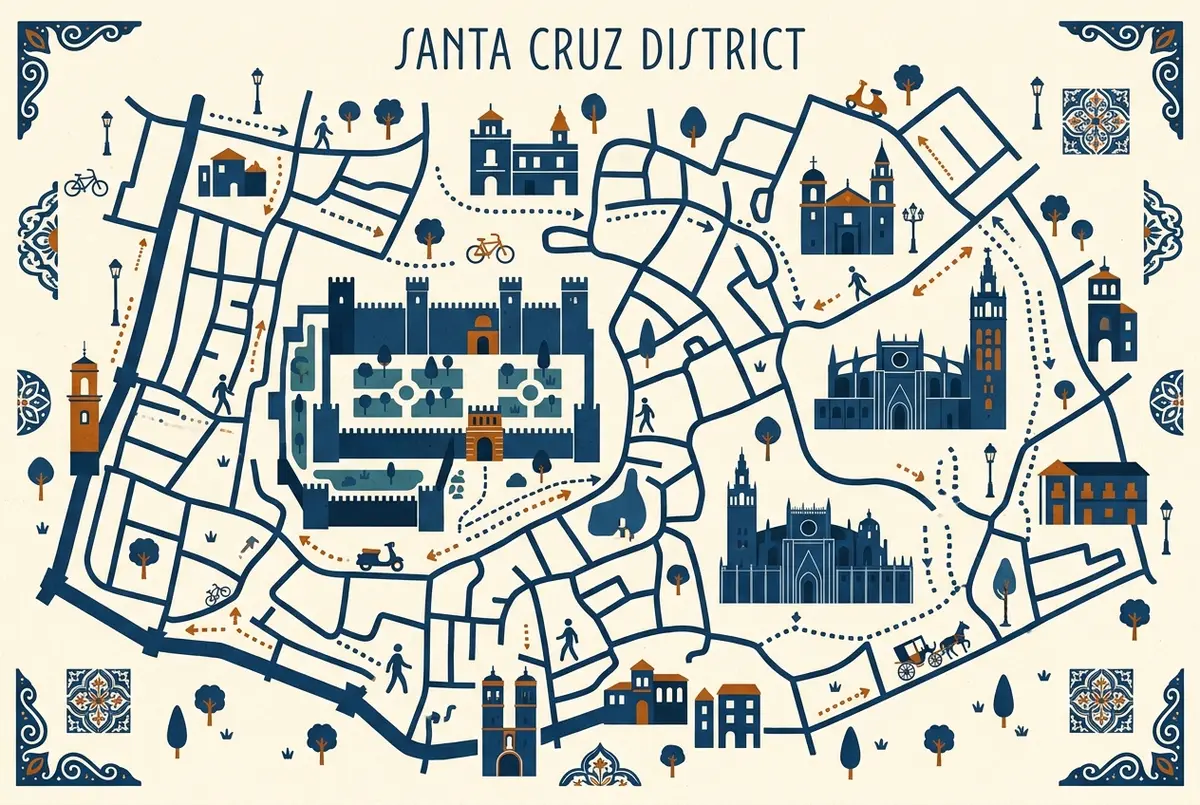 Mapa esquemático simples do centro histórico de Sevilha destacando os bairros de Santa Cruz, Puerta de Jerez e Triana em relação ao Real Alcázar de Sevilha, estilo infográfico plano, apenas rótulos genéricos