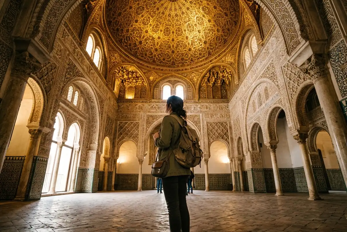 Visitante contemplando en silencio la cupula dorada del salon de embajadores del real alcazar de sevilla con expresion de asombro