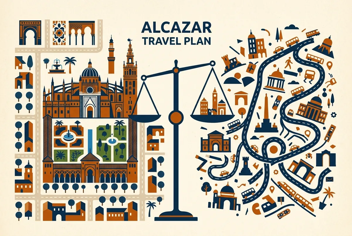 Infografico comparando la experiencia de visitar el alcazar de sevilla por libre frente a con guia con iconos genericos de persona y libro de historia