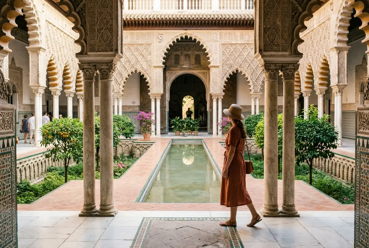 alcazar of seville location, editorial travel scene in Seville