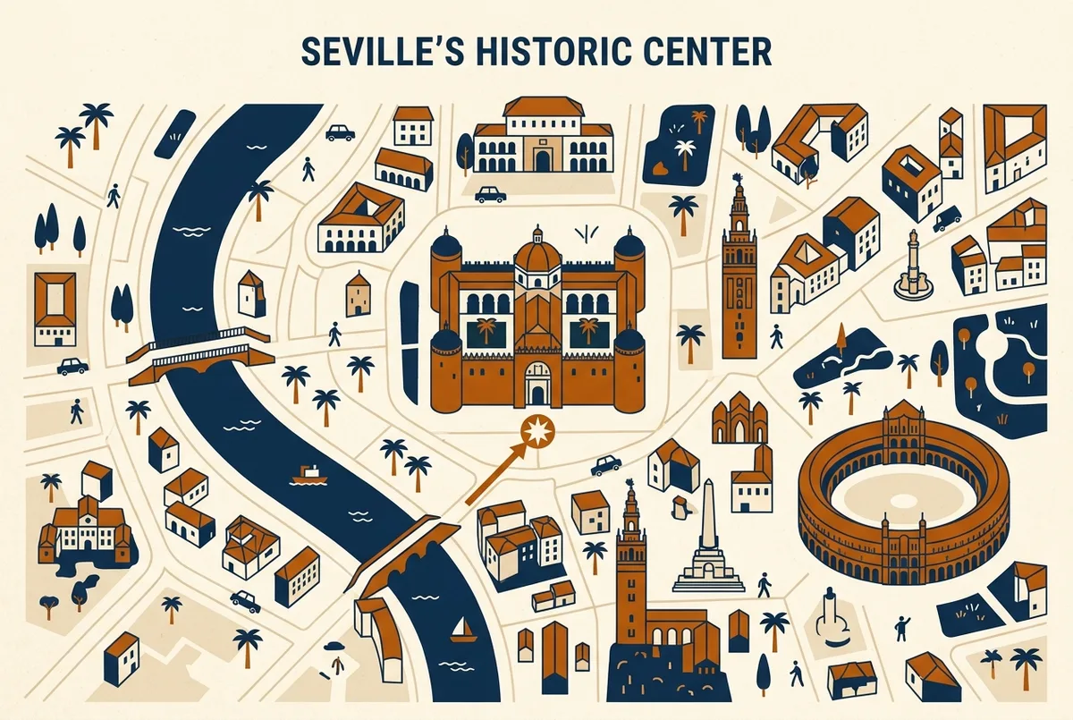illustrated map of Seville highlights for Where Is the Alcazar of Seville Located?, alcazar of seville location