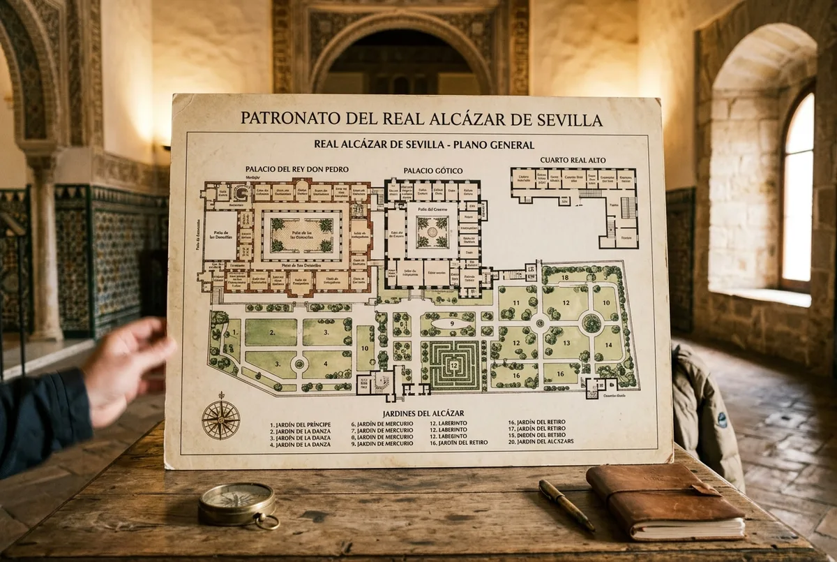 Official floor plan of the Alcazar of Seville showing the Palacio del Rey Don Pedro, Palacio Gotico, Cuarto Real Alto and the numbered gardens, published by the Patronato del Real Alcazar de Sevilla