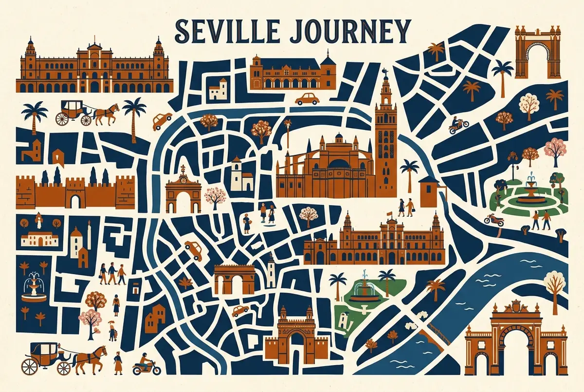illustrated map of Seville highlights for Alcazar of Seville Map: Official Floor Plan & Room-by-Room Guide, alcazar of seville map