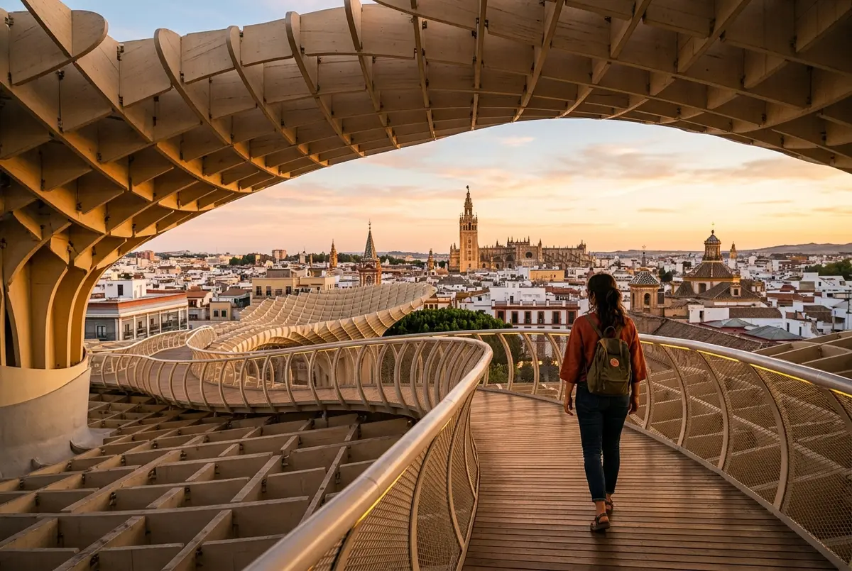 Traveler on the rooftop walkway of Metropol Parasol in Seville, wooden mushroom-shaped canopy structure, old town skyline visible at golden hour