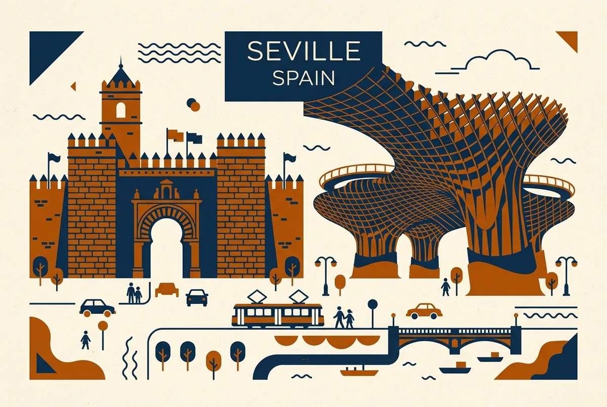 Simple contrast infographic showing the Alcazar's historic walls beside Metropol Parasol's modern wooden canopy, flat icon style, generic labels only