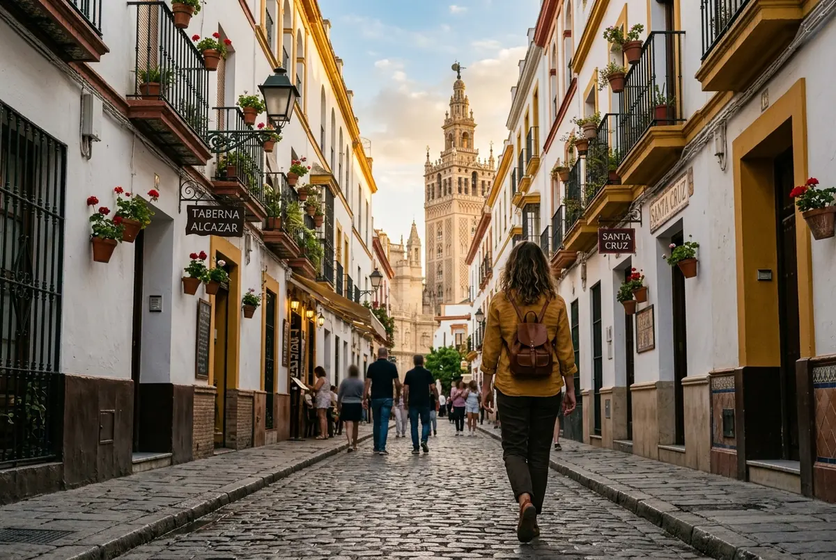 Turistas caminando desde la puerta del real alcazar de sevilla hacia la torre de la giralda de la catedral bajo un cielo azul de mediodia