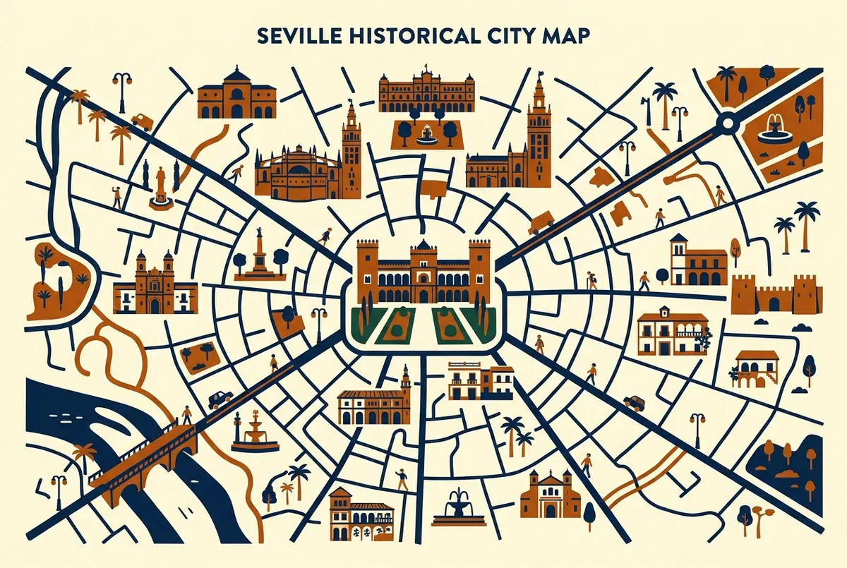Mapa infografico mostrando la distancia a pie entre el real alcazar de sevilla la catedral y la giralda con iconos genericos de ruta y monumento