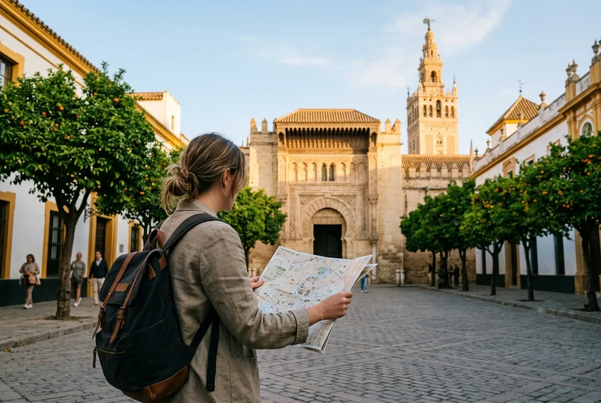 Reisende mit Stadtplan folgt der sevilla 1 tag route alcazar am frühen Morgen vor dem Alcázar-Eingang, weiches Licht, kaum andere Besucher zu sehen