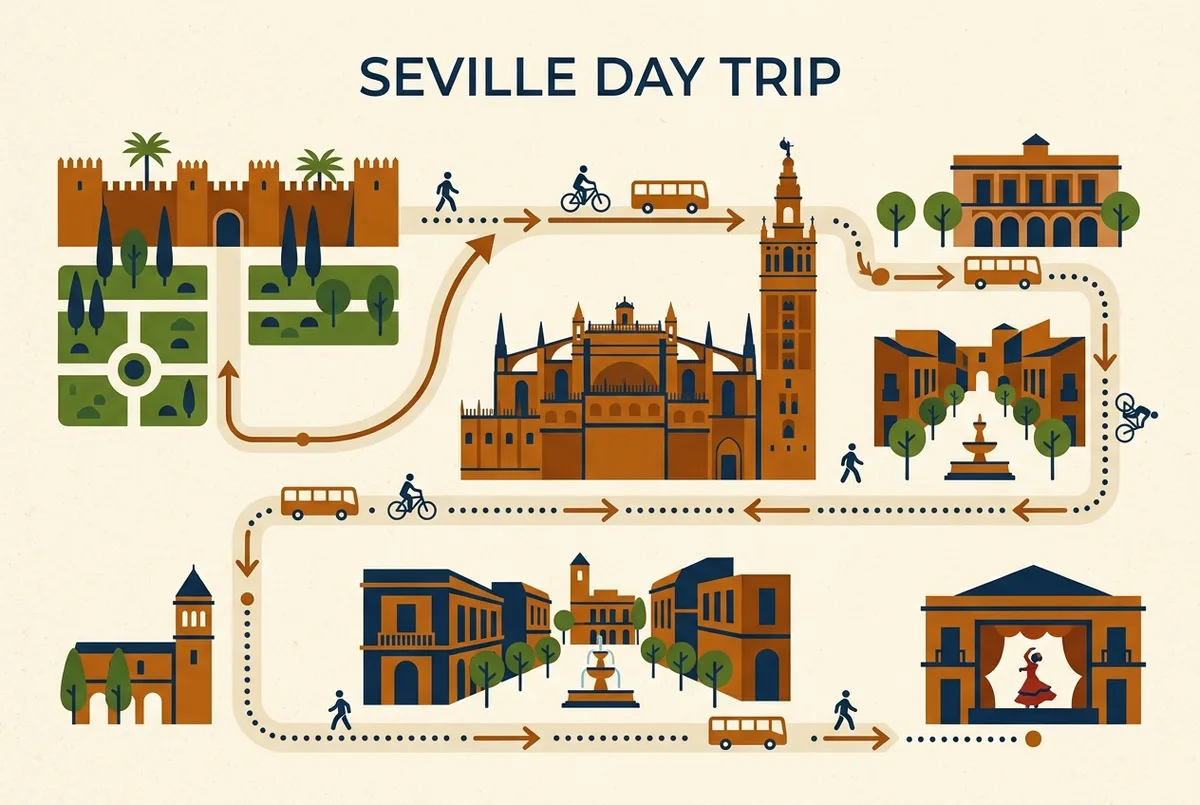 Stunde-für-Stunde-Zeitplan der sevilla 1 tag route alcazar als einfache Infografik, Vormittag Alcázar, Mittag Kathedrale und Giralda, Nachmittag Santa Cruz, mit Uhrzeiten als Zeitleiste