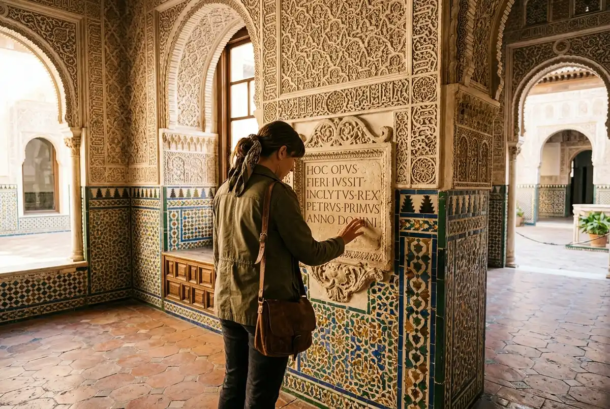Portrait stylisé de style médiéval évoquant un roi castillan du 14e siècle devant une arche mudéjare dorée, alcazar de sevilla history, ambiance solennelle