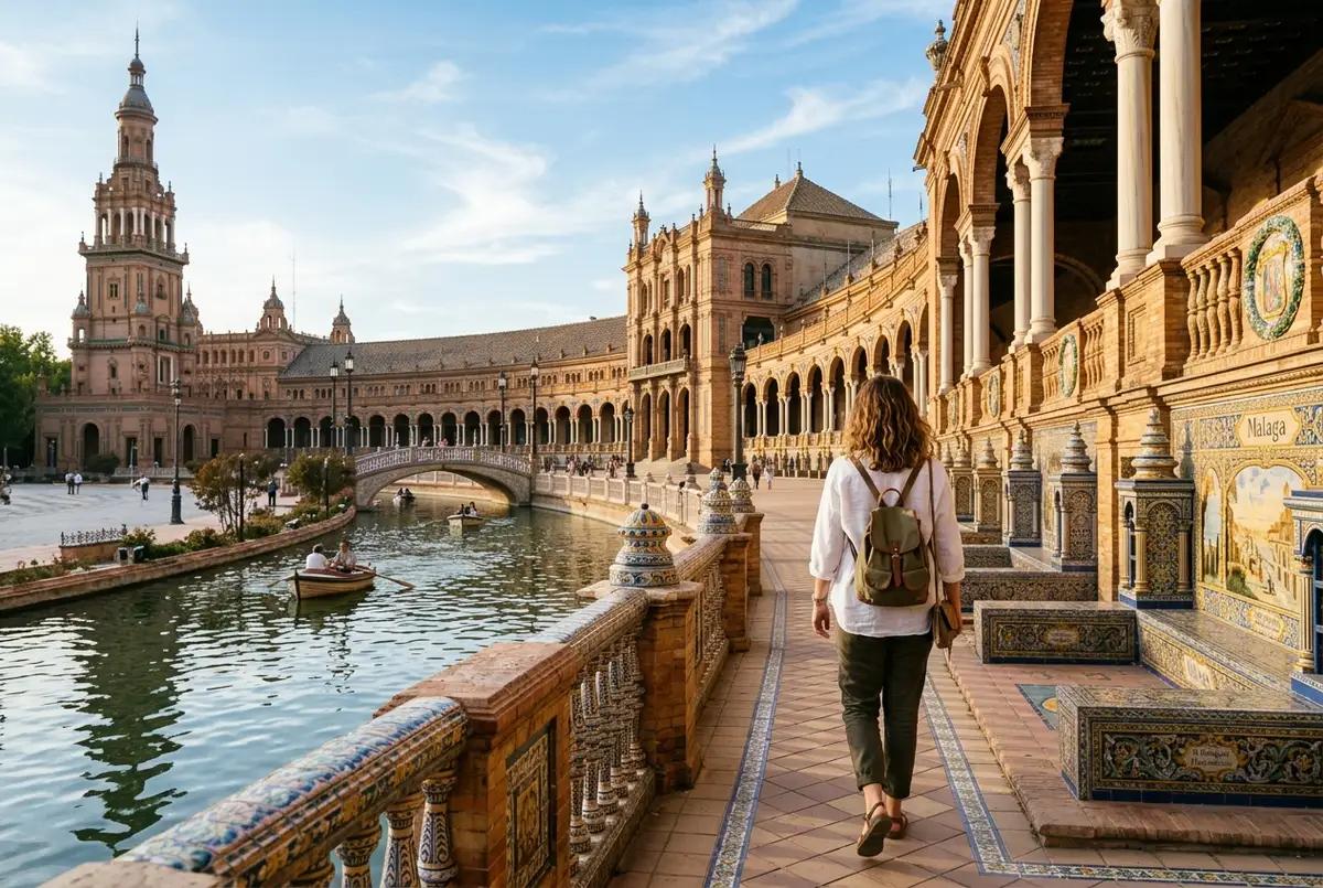Traveler walking along Plaza de Espana's tiled canal bridge in Seville, semicircular building and orange trees in warm afternoon light