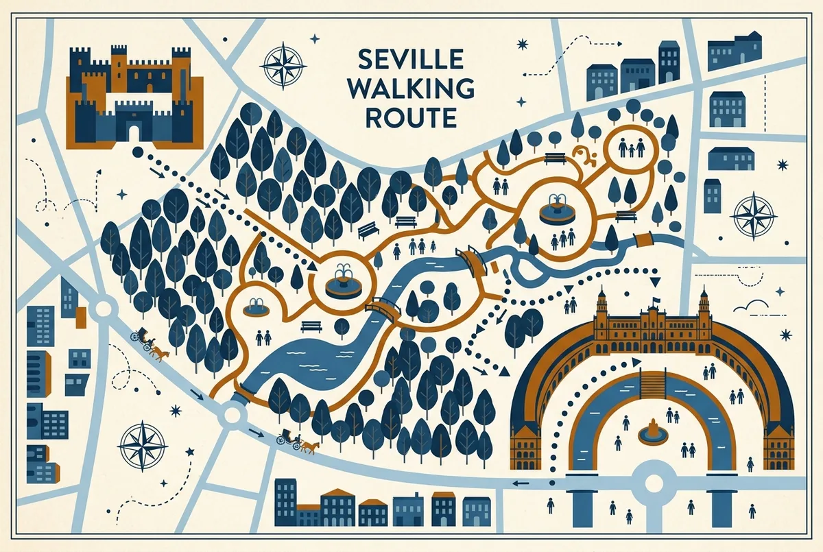 Simple infographic map showing the walking route from the Alcazar through Maria Luisa Park to Plaza de Espana, flat icon style, generic labels only