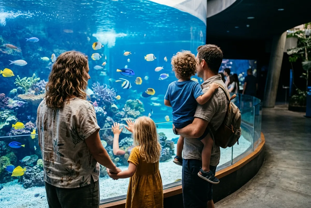 Family with young children looking into a large aquarium tank with tropical fish in Seville, soft blue lighting, relaxed indoor setting