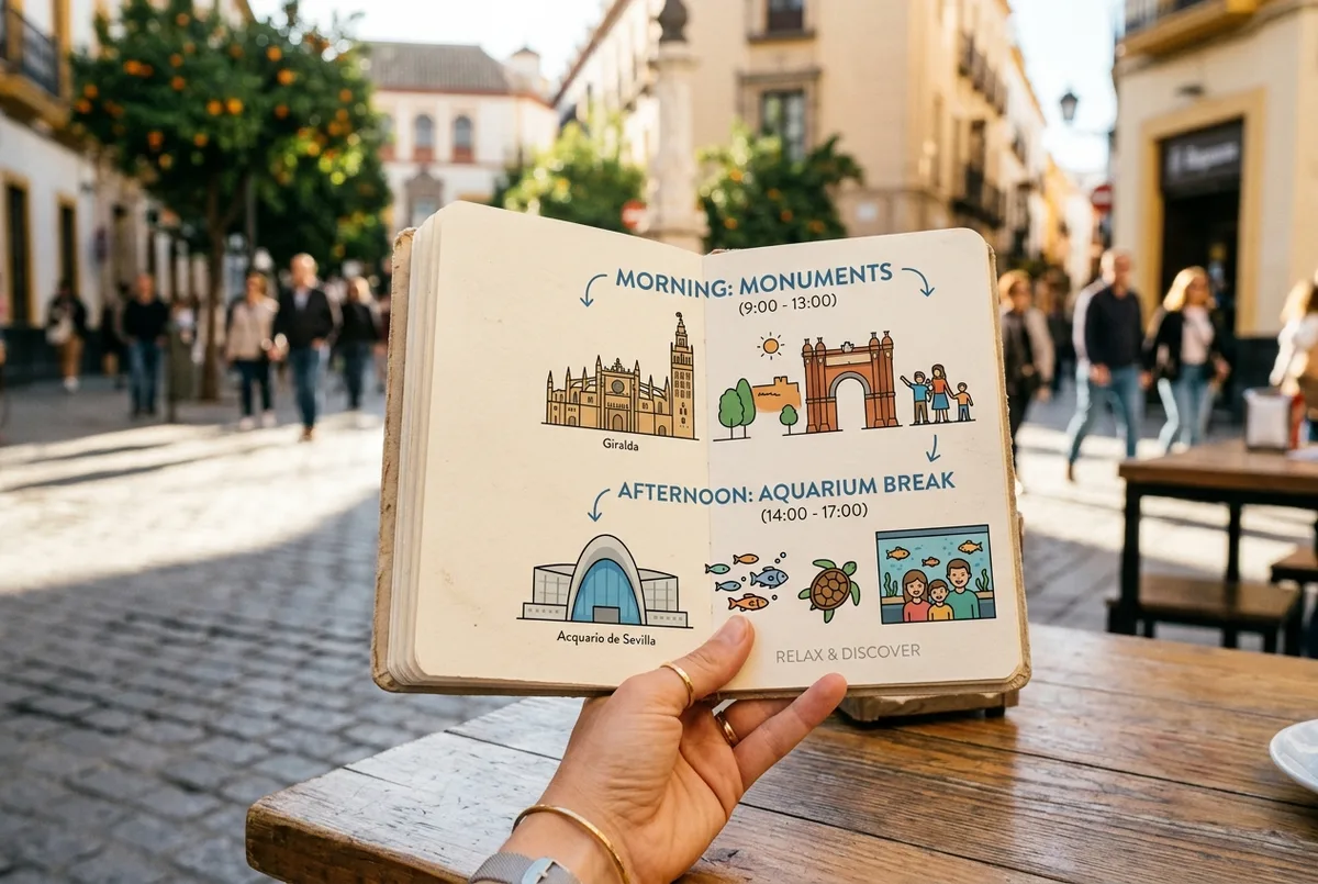 Simple itinerary graphic showing a monument-heavy morning transitioning into an aquarium afternoon break for families, flat icon style, generic labels only