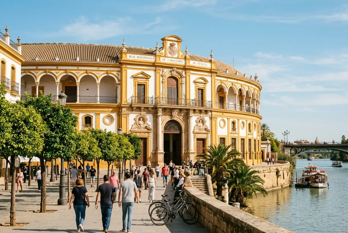 Real Maestranza bullring exterior in Seville, ochre and white facade with arched entrances, riverside promenade in the foreground, midday light