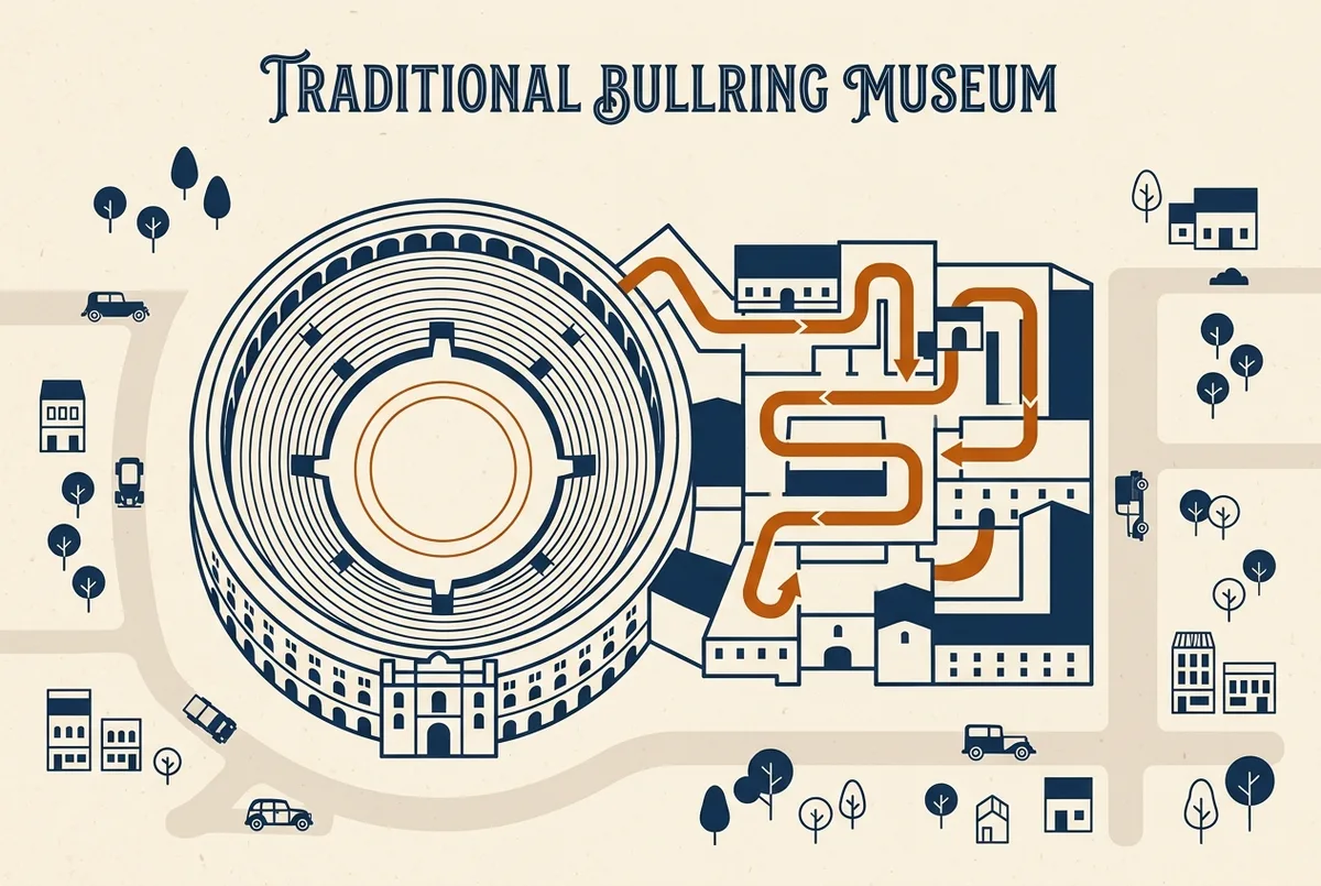 Simple diagram showing the layout of a traditional Spanish bullring arena with the museum route marked, flat icon style, generic labels only