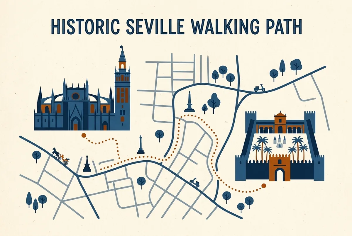 Infografia mostrando el recorrido a pie entre el patio de los naranjos la giralda y el retablo mayor de la catedral de sevilla con iconos genericos de ruta y monumento