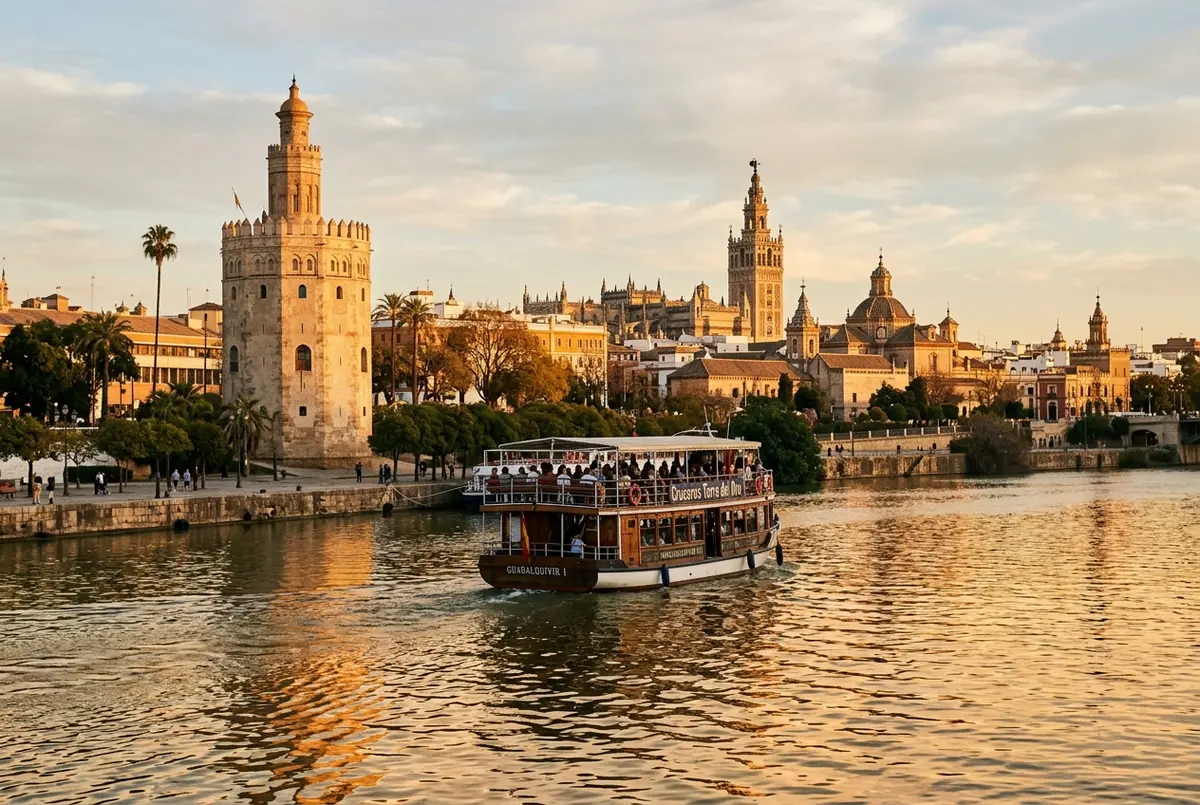 Sightseeing boat cruising the Guadalquivir River in Seville, Torre del Oro and old town skyline visible, warm golden hour light on the water