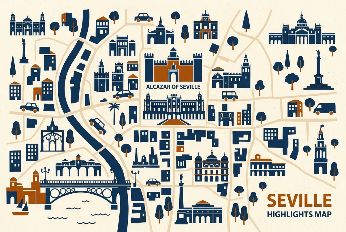 illustrated map of Seville highlights for alcazar of seville, triana bridge seville