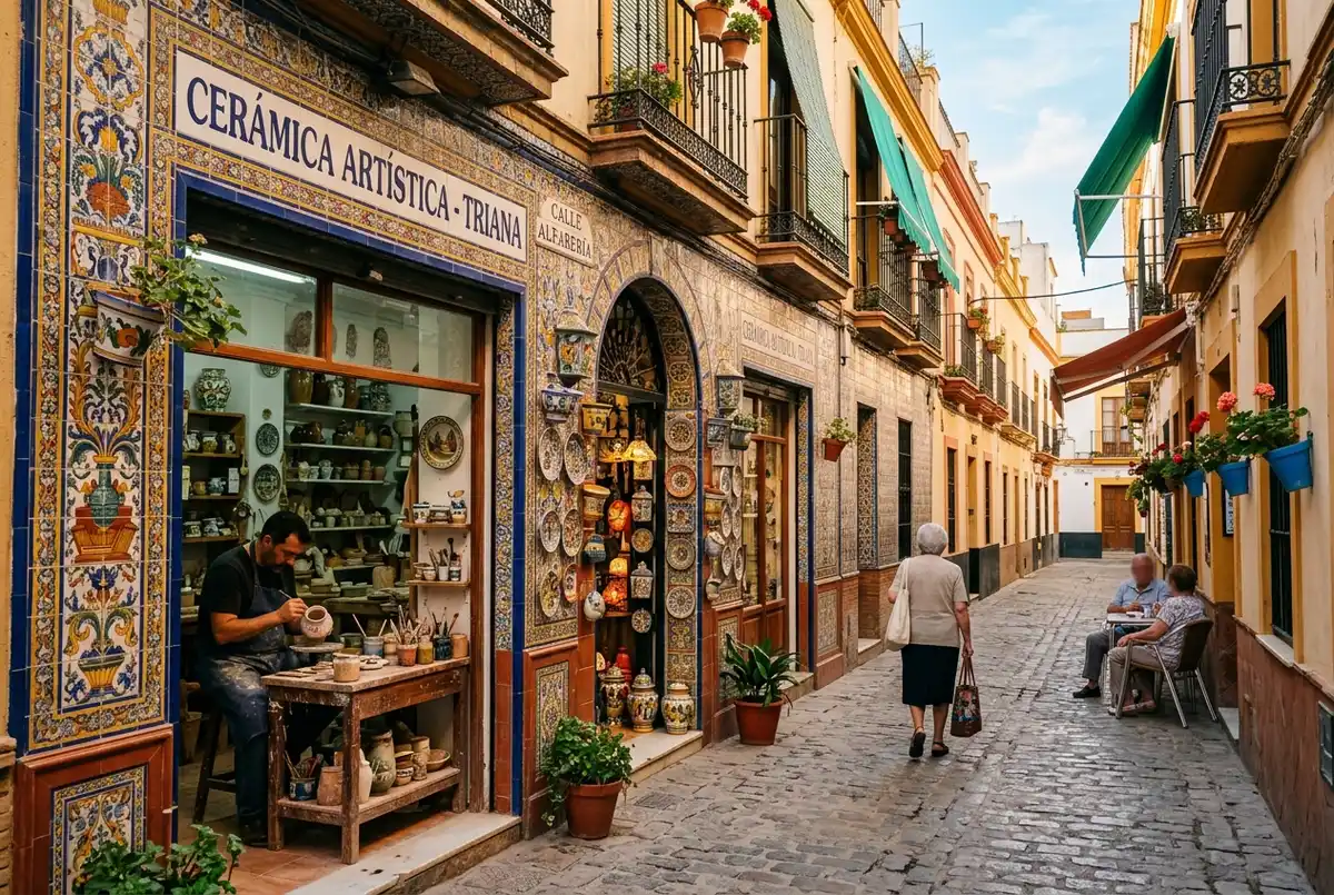 Colorful ceramic-tiled shopfronts and narrow street in Triana, Seville, warm afternoon light, locals and a ceramics workshop window visible