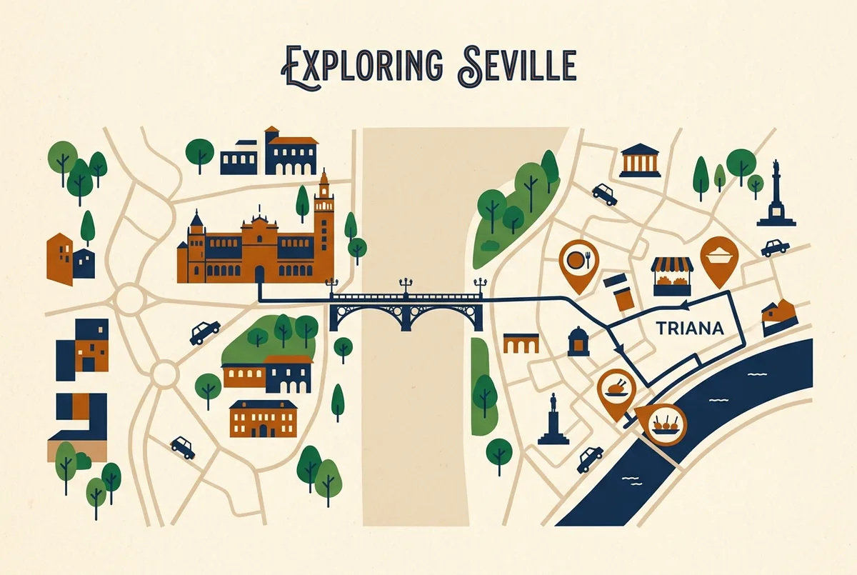 Map showing the walking route from the Alcazar of Seville across the Puente de Isabel II into Triana, with the market and riverside tapas street marked, flat icon style, generic labels only
