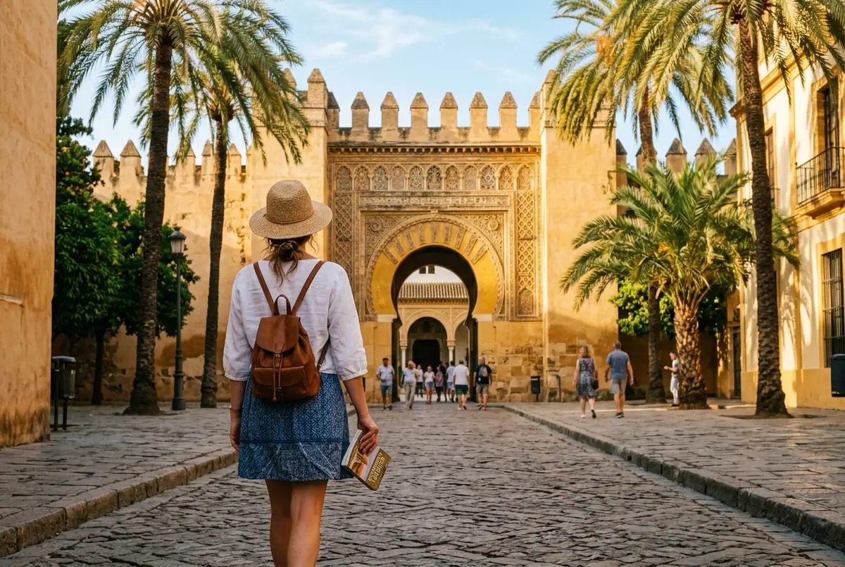 Reisende mit Rucksack betritt den Eingang des Real Alcázar in Sevilla am frühen Morgen, Puerta del León, warmes Licht, kaum andere Besucher