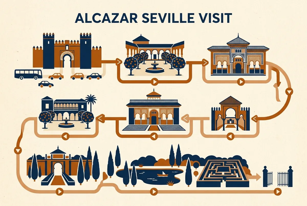Checklisten-Infografik alcazar sevilla besuchen mit Symbolen für Ticket, Wasser, bequeme Schuhe und Ankunftszeit, flacher Stil, nur generische Beschriftungen